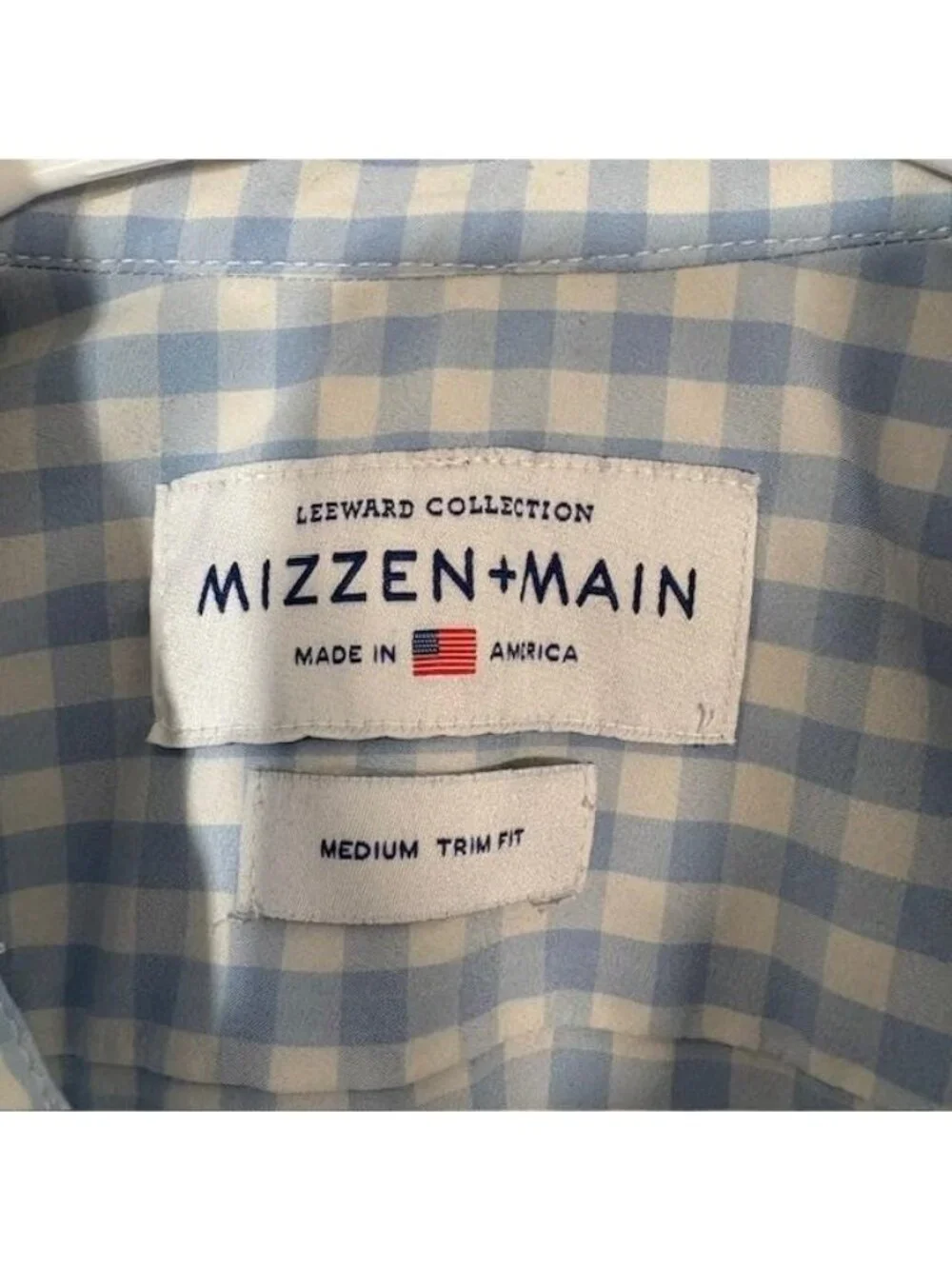 Mizzen+Main Leeward Shirt Mens Medium Blue Gingham Trim Fit Stretch USA Made